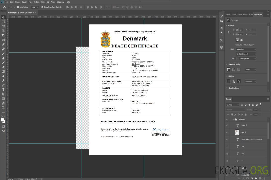 Modèle Word et PDF de certificat de décès de l'état civil du Danemark template Modèle Word et PDF de certificat de décès de l'état civil du Danemark template